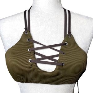 NWT Dolce Vita Bikini Top Olive Green and Dusty Purple/Brown Laceup Sz S